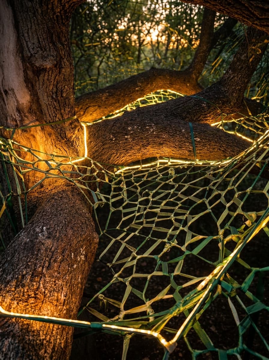 Outdoor nest installation glowing between trees at golden hour